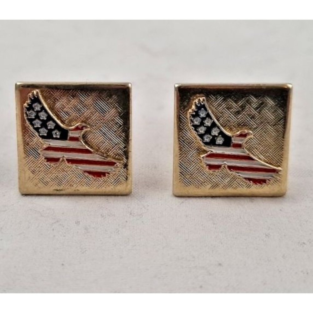 Vintage American Flag Eagle Square Gold Tone Cufflinks-EXCELLENT!